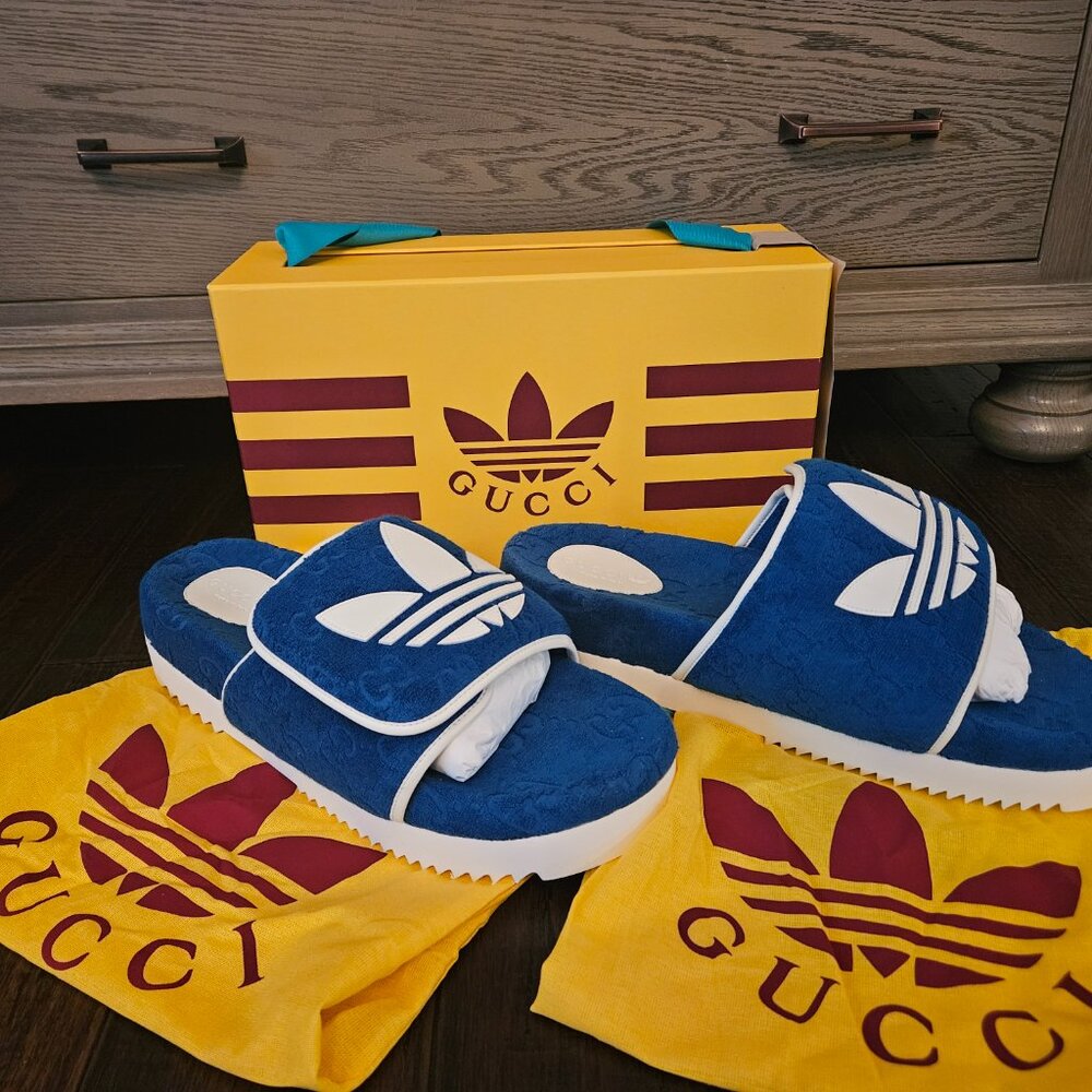 NEW in Box Men's Gucci X Adidas Slides Sandal Blue And White Size 15